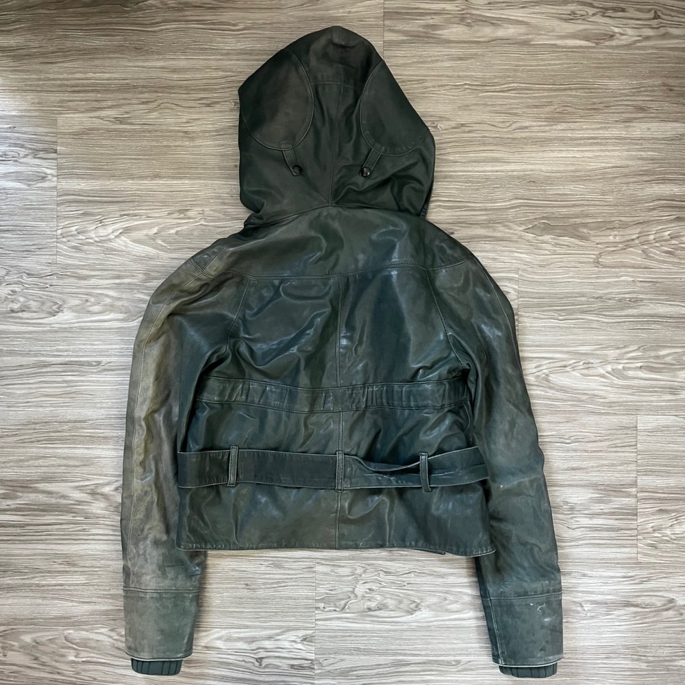 Diesel Liquid Space Hooded Leather Jacket Green Distressed Utility Belted Small - Picture 2 of 10